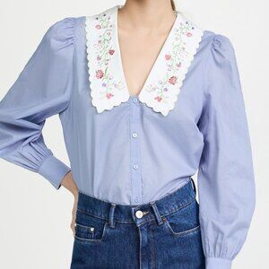 RIXO Blue Blouse with Floral Embroidered Collar